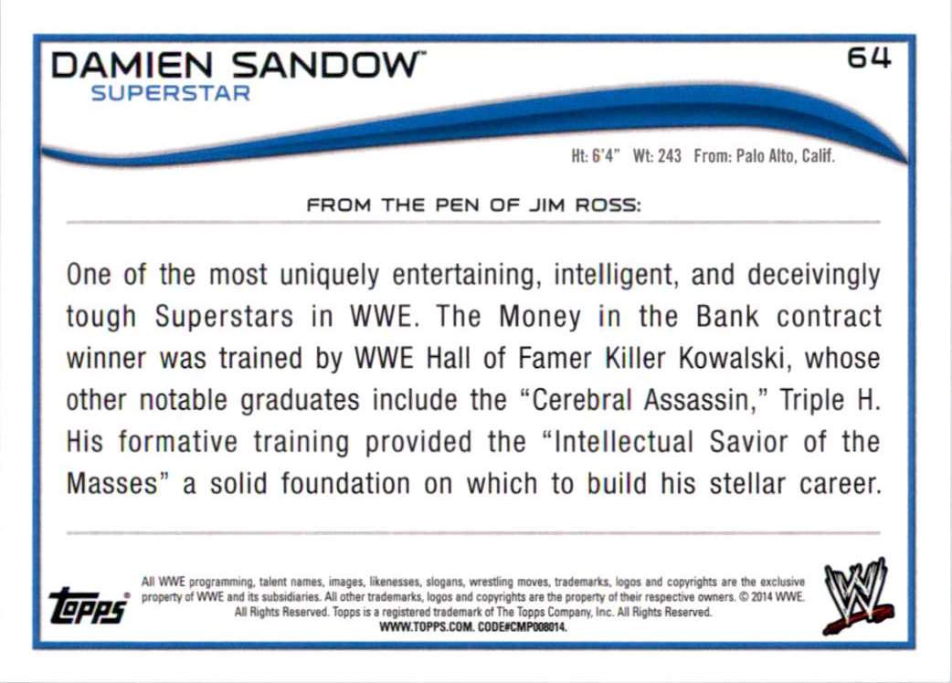 2014 Topps Wwe Damien Sandow #64 card back image