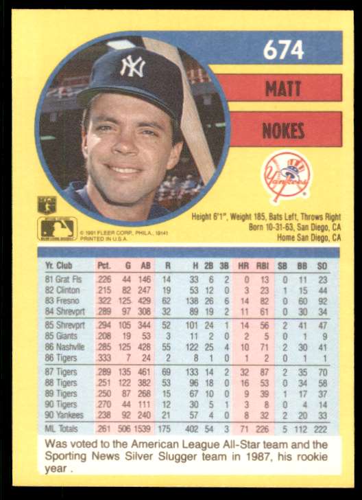 1991 Fleer Matt Nokes #674 card back image