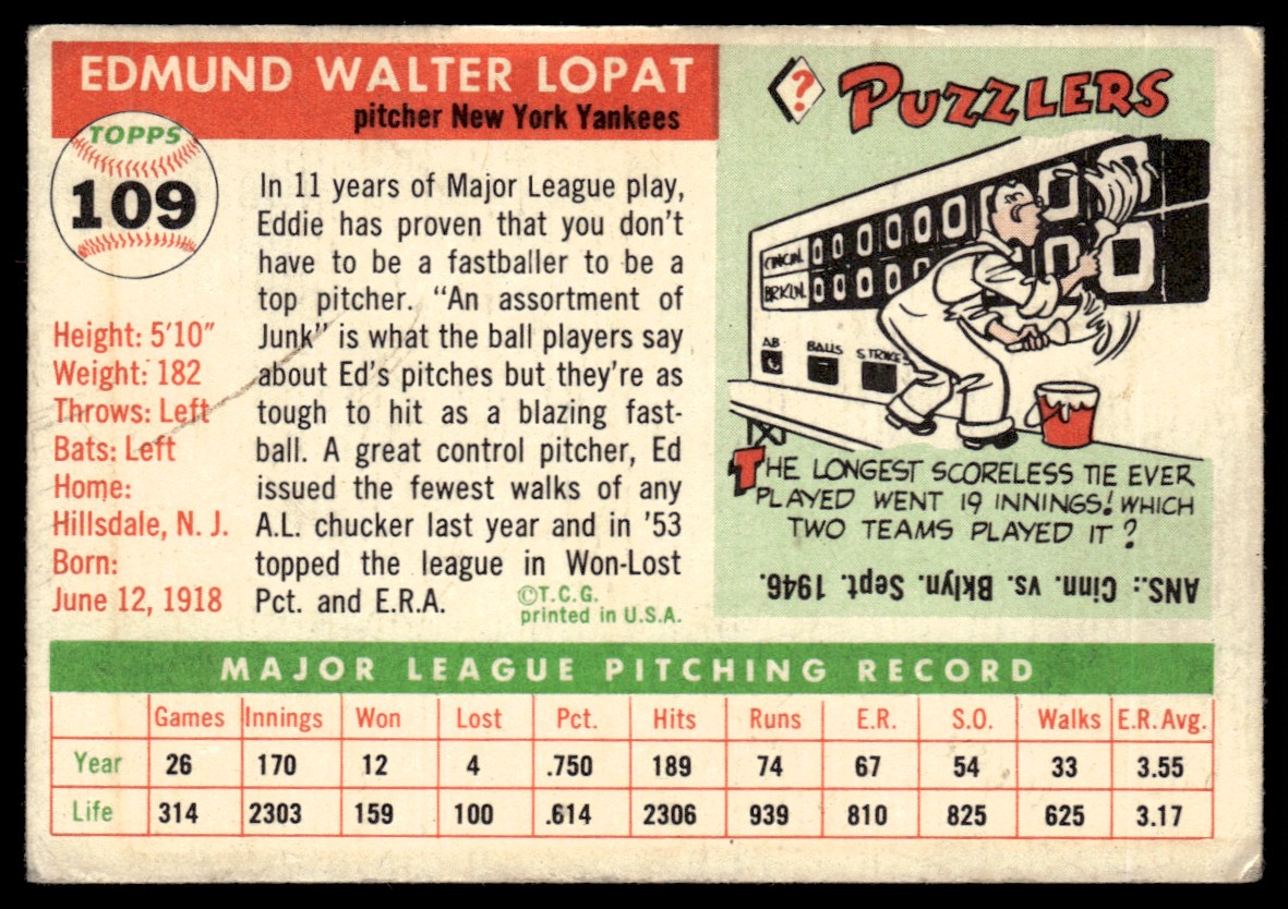 1955 Topps Ed Lopat #109 card back image