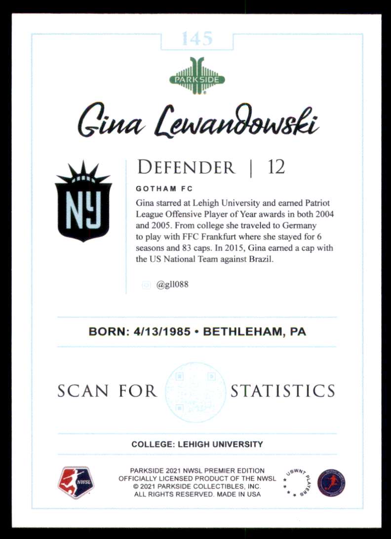 2021 Parkside NWSL Premier Edition Gina Lewandowski #145 card back image