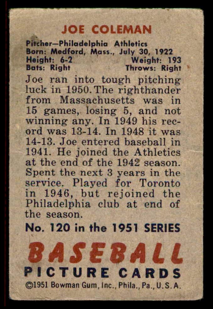 1951 Bowman Joe Coleman #120 card back image