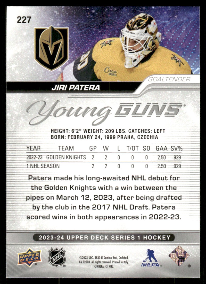 2023-24 Upper Deck YG Jiri Patera #227 card back image