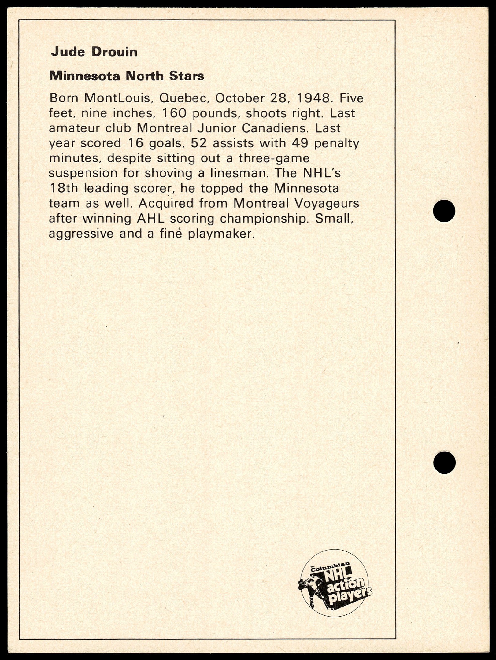 1971-72 Toronto Sun NHL Action Players Jude Drouin card back image