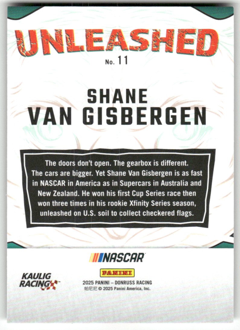 2025 Donruss NASCAR Unleashed SHANE VAN GISBERGEN #11 card back image