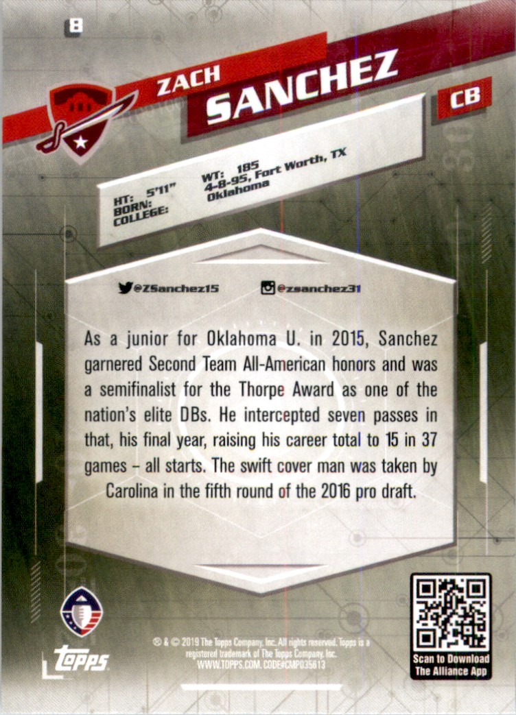 2019 Topps AAF Zach Sanchez RC #8 card back image