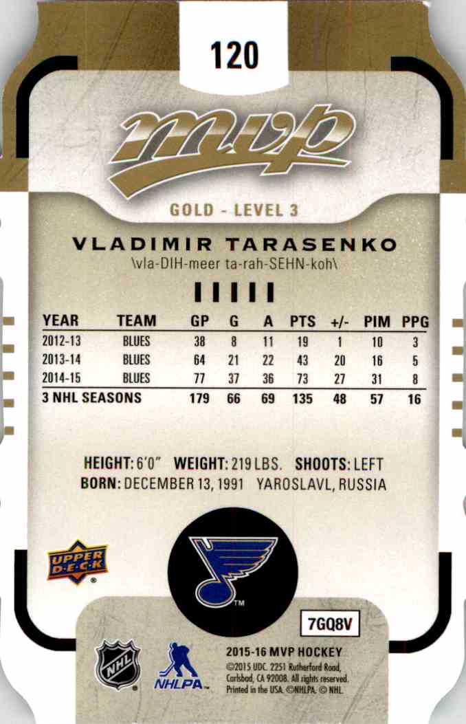 2015-16 Upper Deck MVP Colors And Contours Vladimir Tarasenko #120 card back image