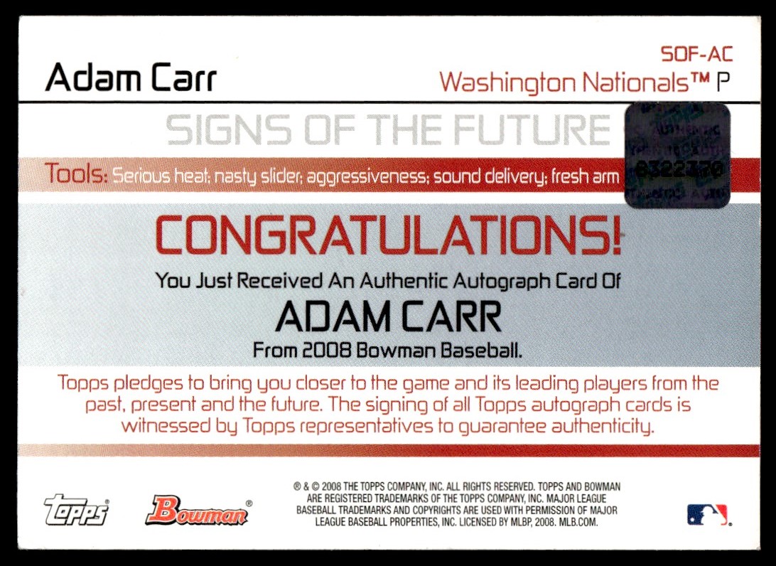 2008 Bowman Signs of the Future Adam Carr #SOF-AC card back image