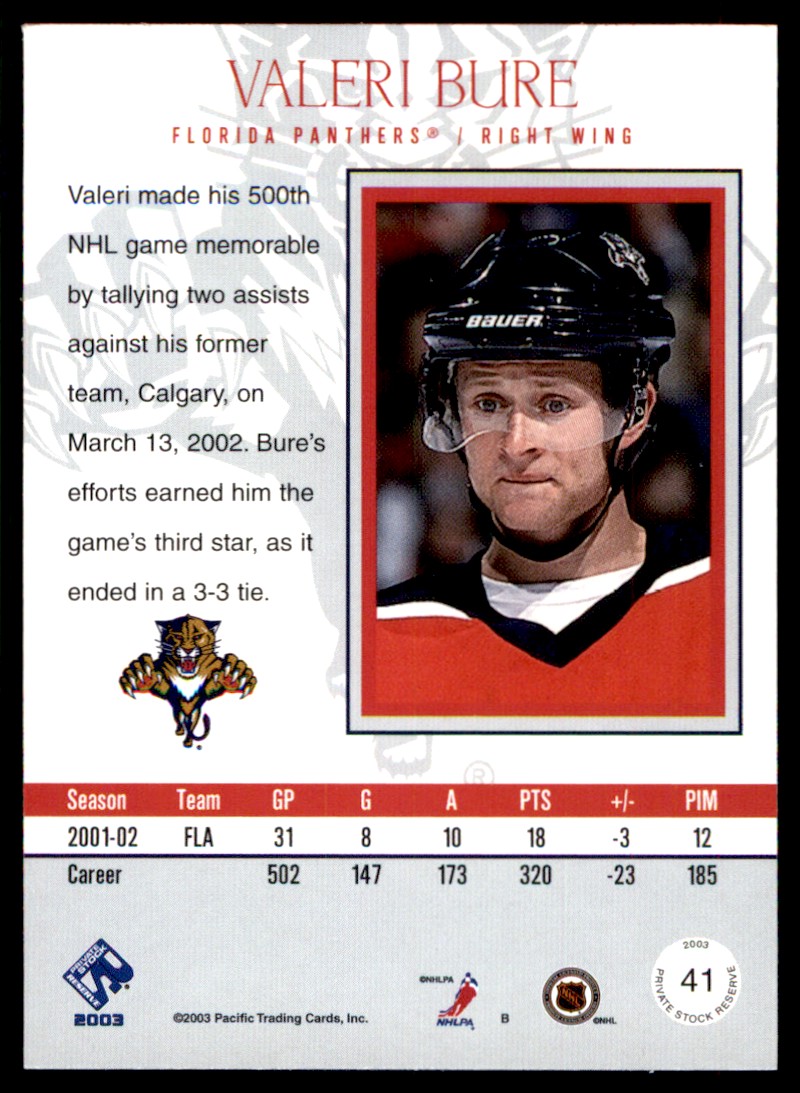 2003-04 Pacific Private Stock Reserve Valeri Bure #41 card back image