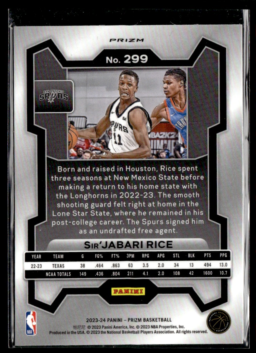 2023-24 Panini Prizm Red Ice Sir'Jabari Rice #299 card back image