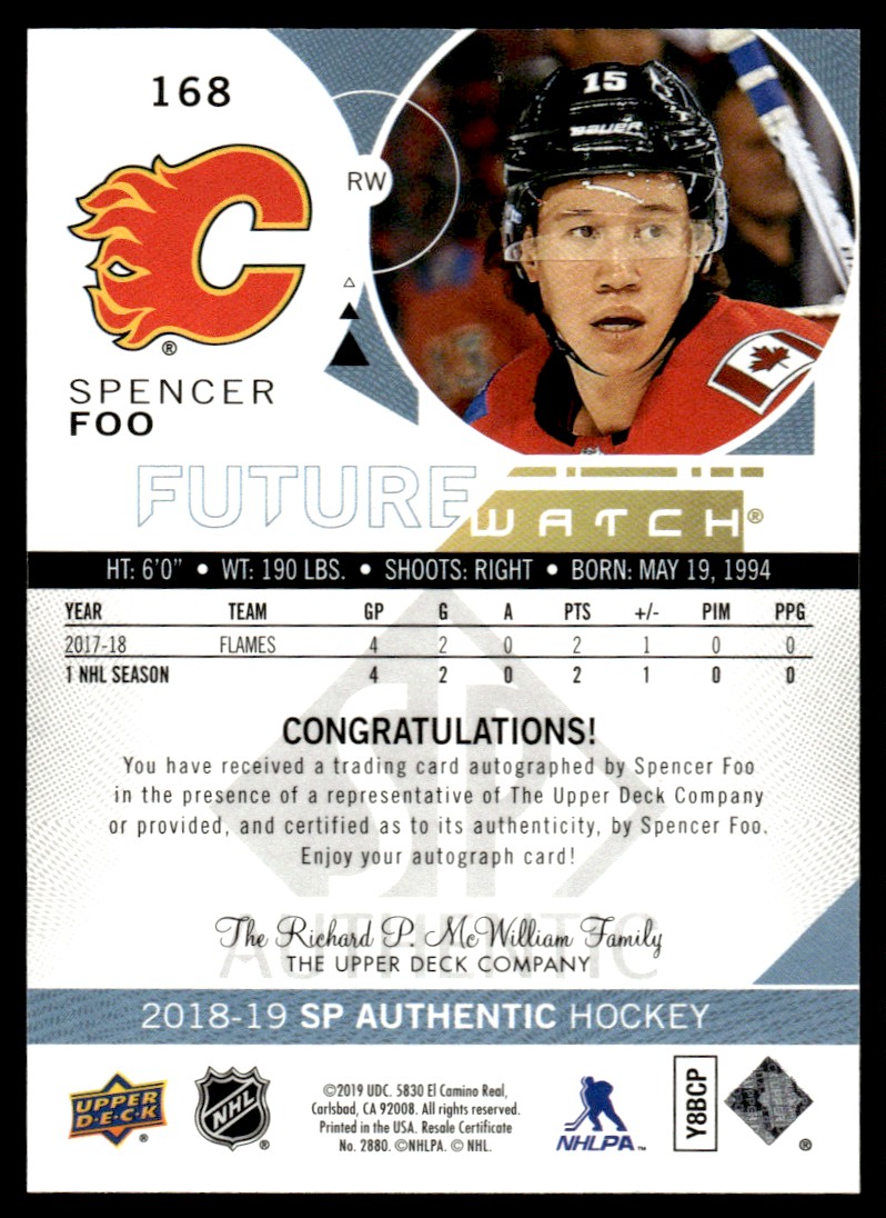 2018-19 SP Authentic Future Watch - Autographs Spencer Foo #168 card back image