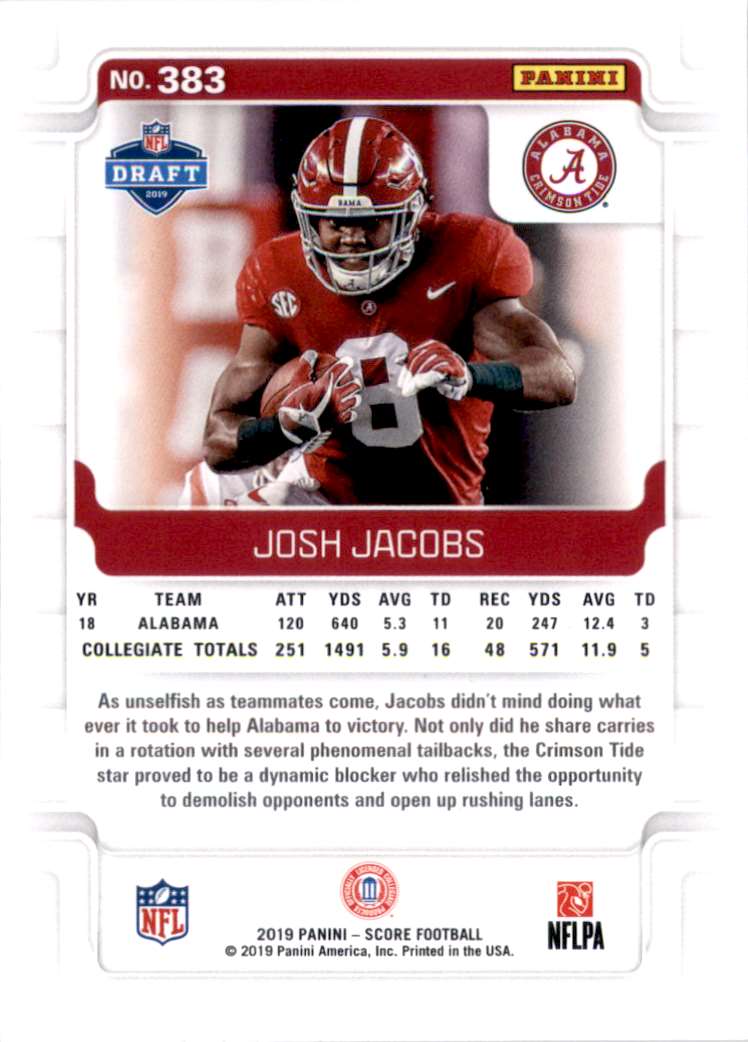 2019 Score Josh Jacobs RC #383 card back image