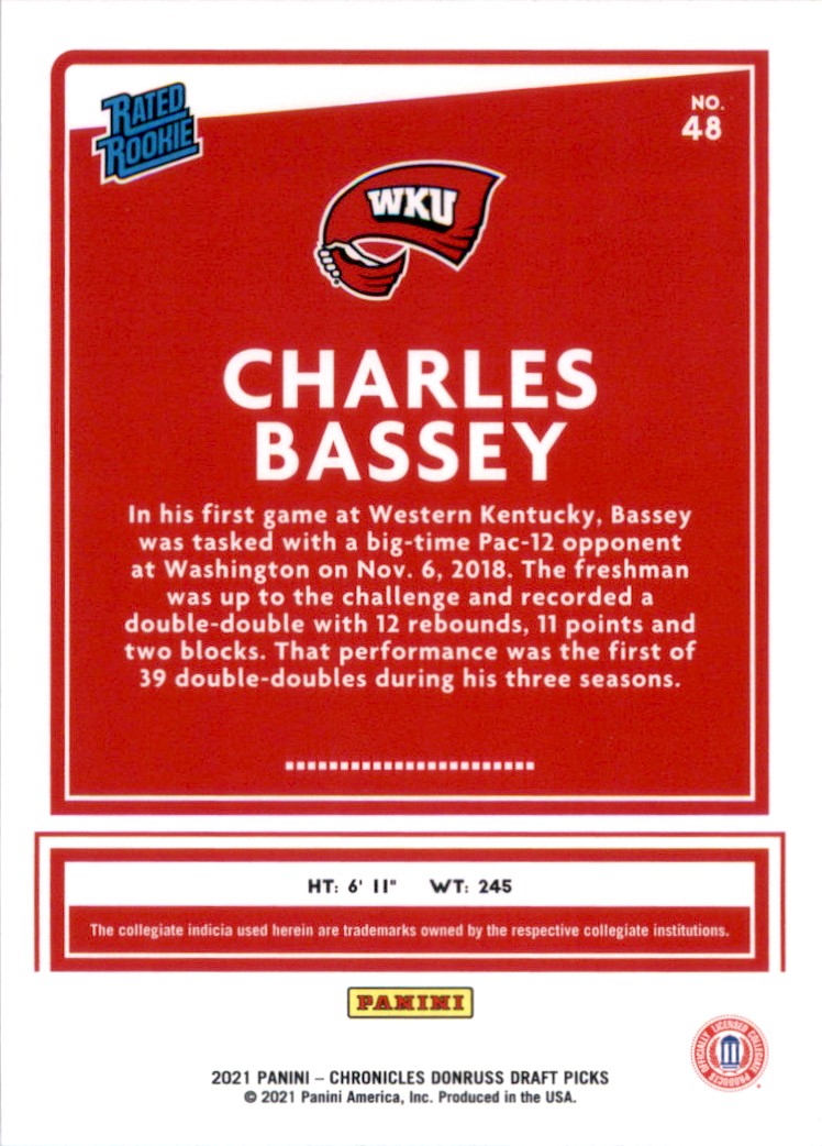 2021-22 Panini Chronicles Draft Picks Charles Bassey/Donruss #48 card back image