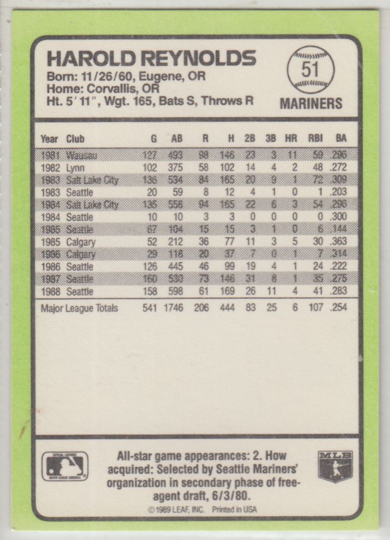 1989 Donruss Baseball's Best Harold Reynolds #51 card back image