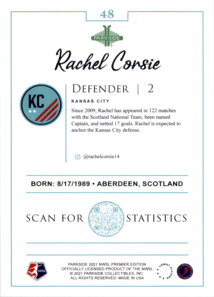 2021 Parkside NWSL Premier Edition Rachel Corsie #48 card back image