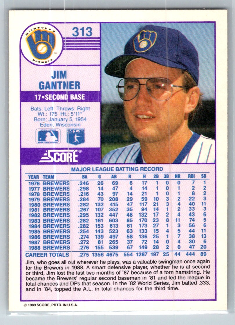 1989 Score Jim Gantner #313 card back image