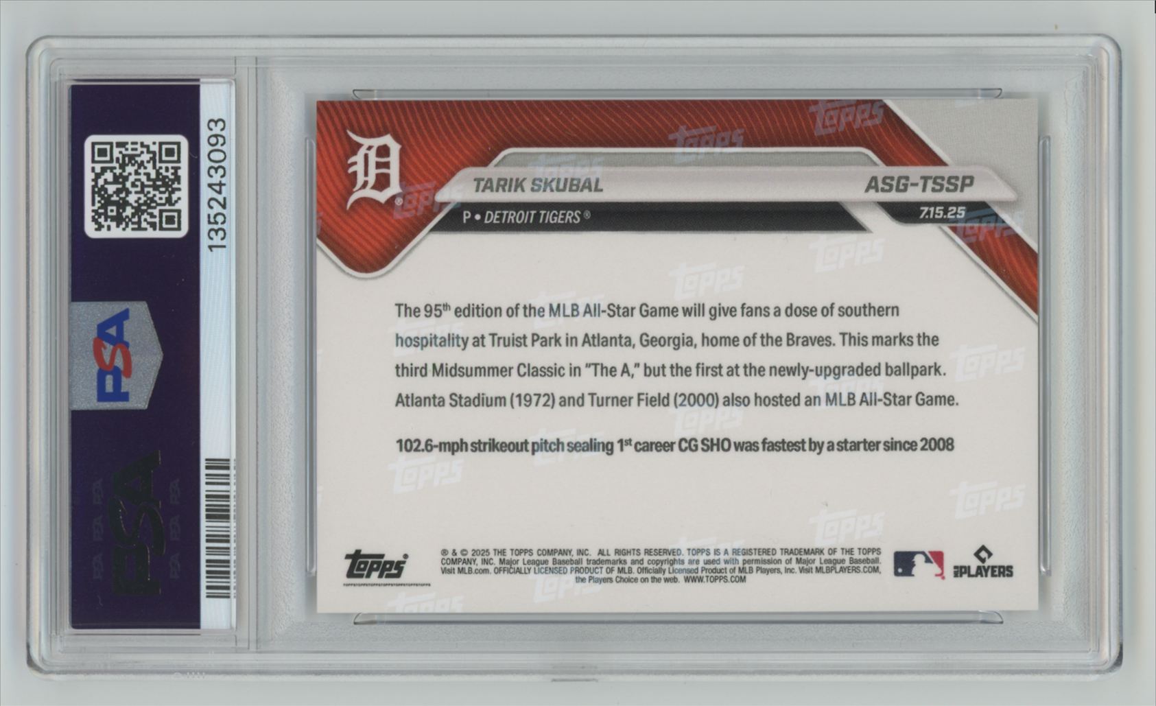 2025 Topps Now All-Star Game Short Print Tarik Skubal PSA 9 Tigers