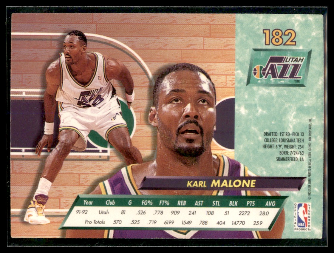 1992-93 Fleer Ultra Karl Malone Utah Jazz #182 - Picture 2 of 2