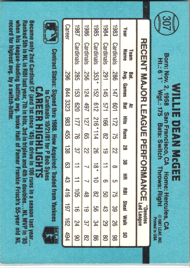 1988 Donruss Willie McGee #307 card back image