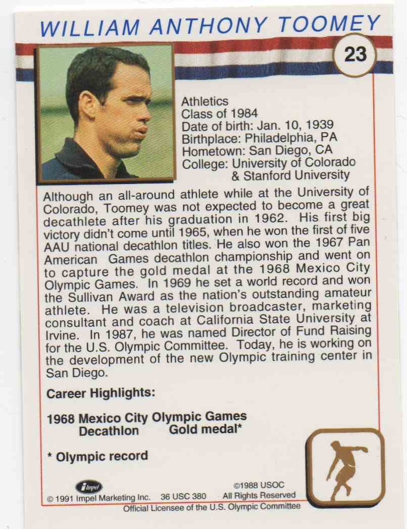1991 Impel U.S. Olympic Hall Of Fame Bill Toomey #23 card back image