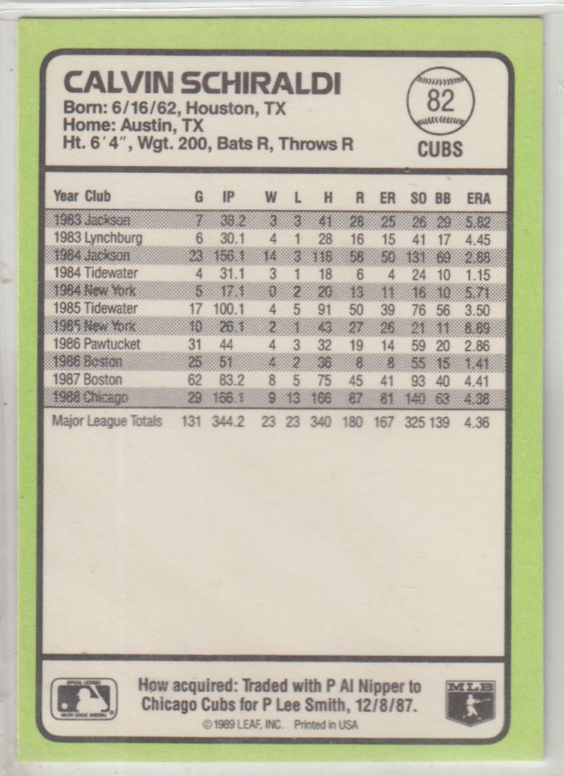 1989 Donruss Baseball's Best Calvin Schiraldi #82 card back image