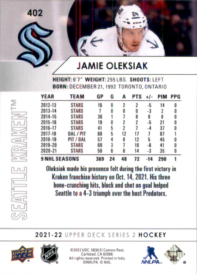 2021-22 Upper Deck Jamie Oleksiak #402 card back image