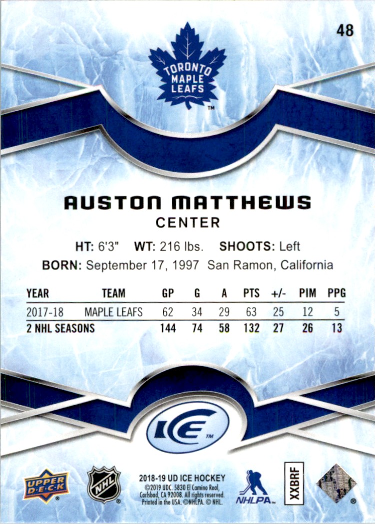 2018-19 Upper Deck Ice Auston Matthews #48 card back image