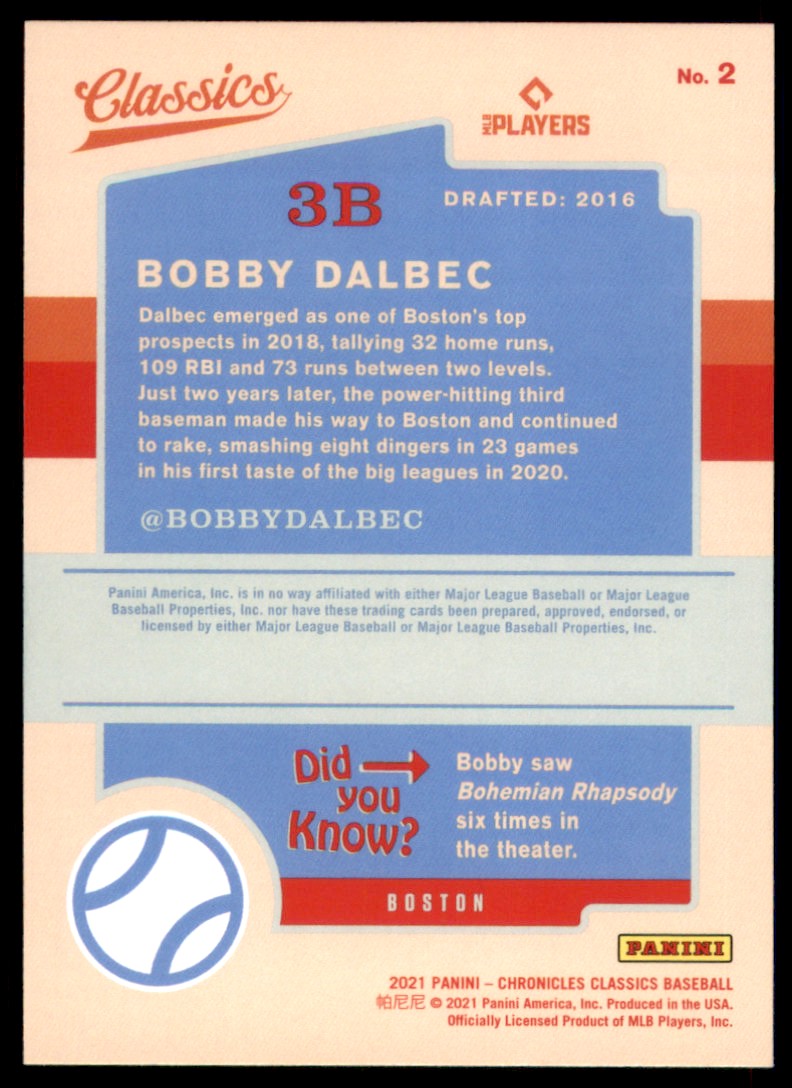 2021 Classics Chronicles Bobby Dalbec #2 card back image