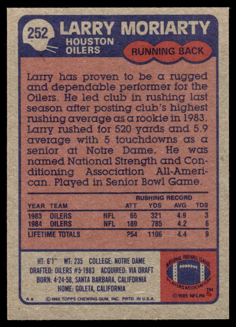 1985 Topps Larry Moriarty #252 card back image