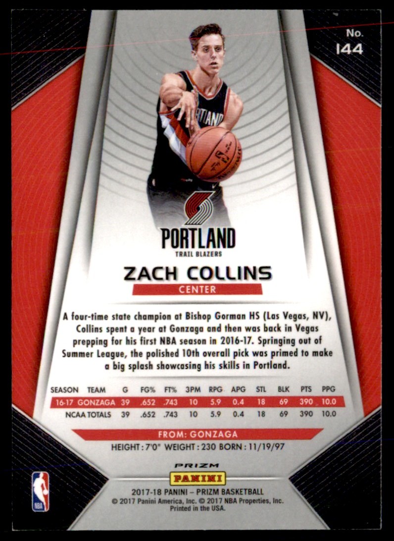 2017-18 Panini Prizm Green Zach Collins #144 card back image