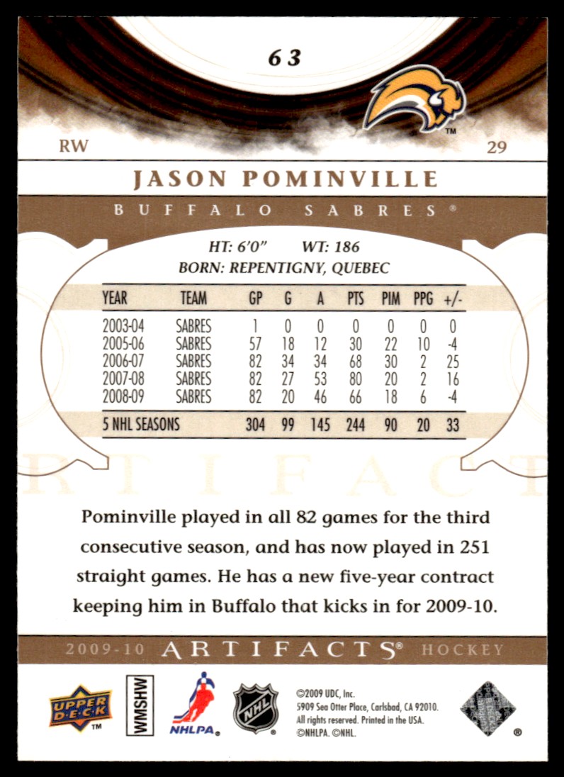 2009-10 Upper Deck Artifacts ! Jason Pominville #63 card back image