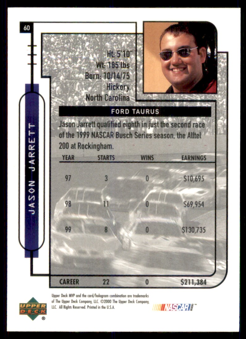 2000 Upper Deck MVP Jason Jarrett's Car #60 card back image