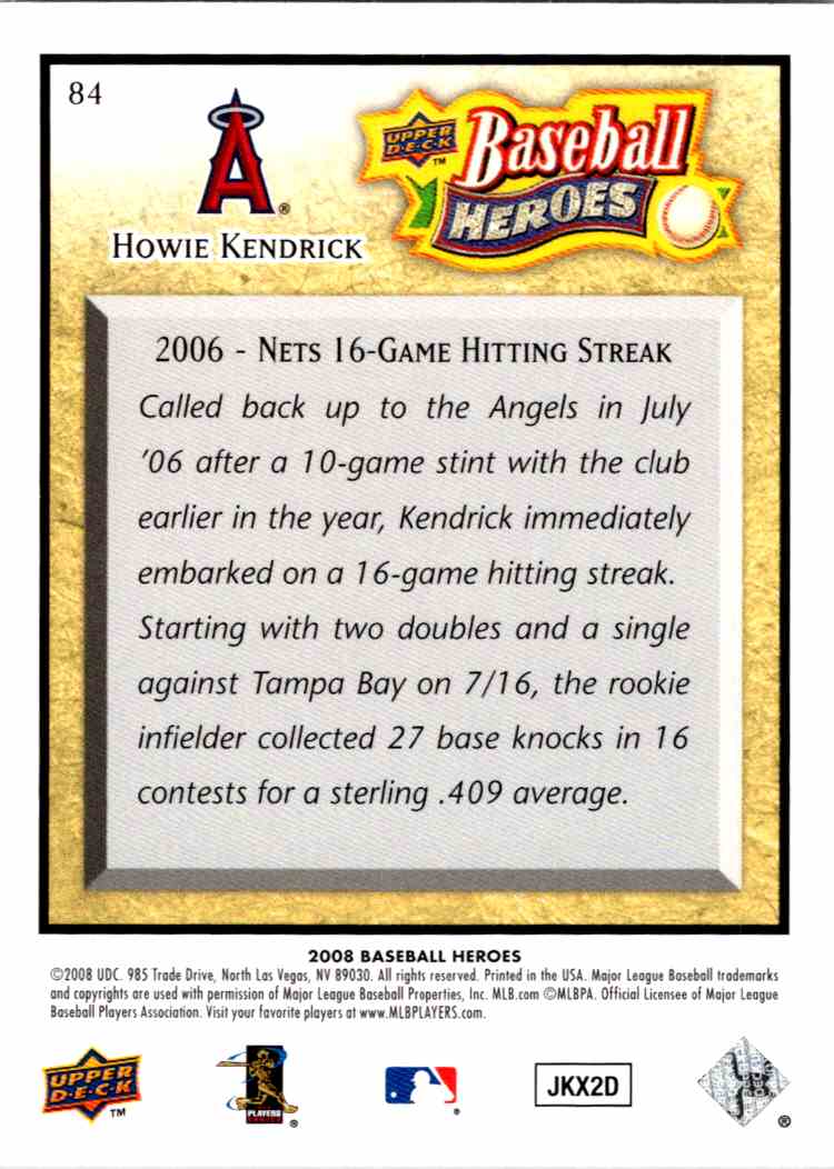 2008 Upper Deck Baseball Heroes Howie Kendrick #84 card back image