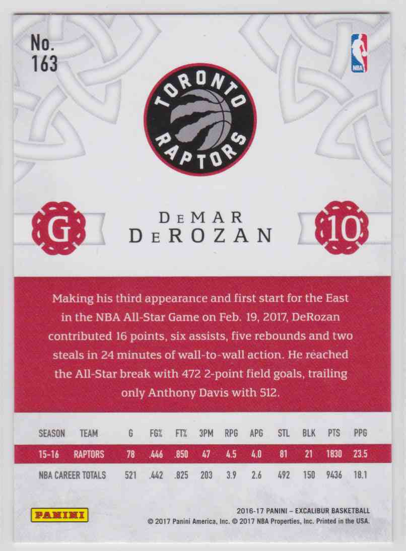 2016-17 Panini Excalibur Viscount Parallel DeMar DeRozan #163 card back image