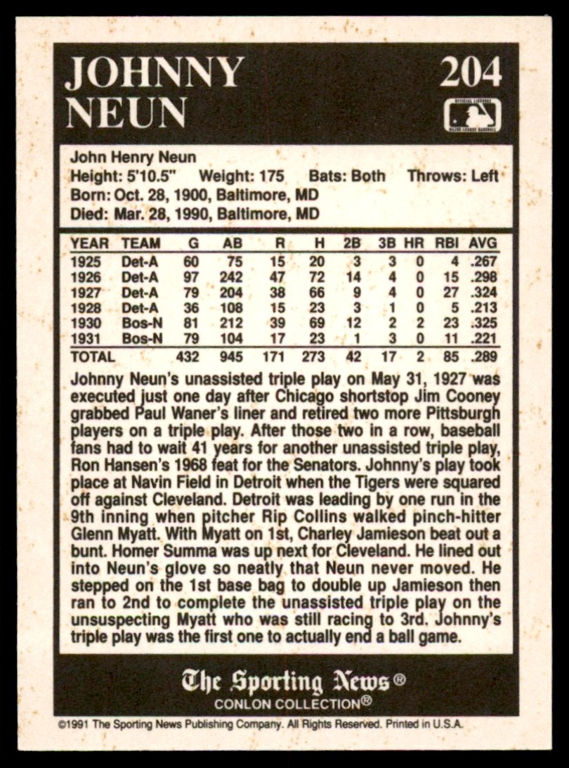 1991 Conlon Collection TSN Johnny Neun #204 card back image