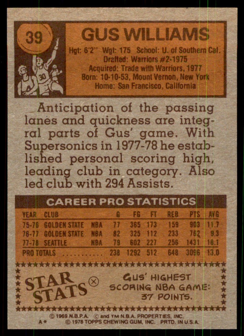 1978-79 Topps Gus Williams #39 card back image