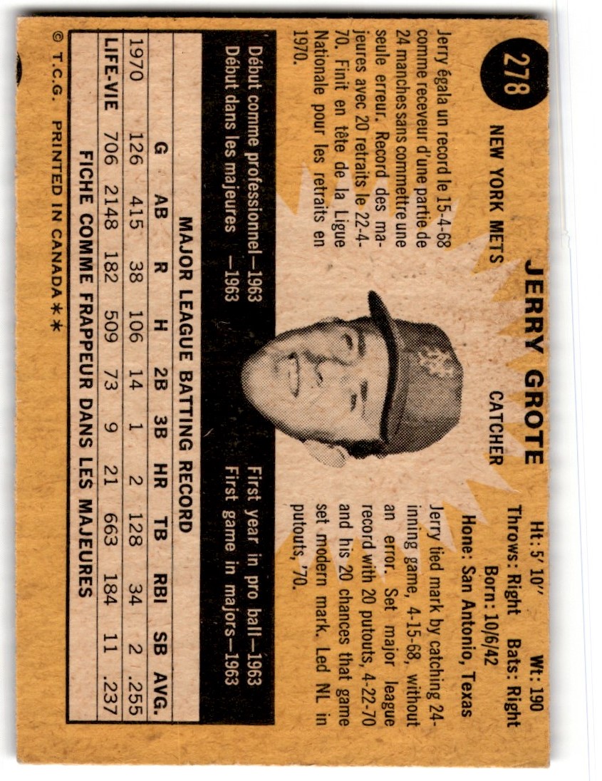 1971 O-Pee-Chee Jerry Grote #278 card back image