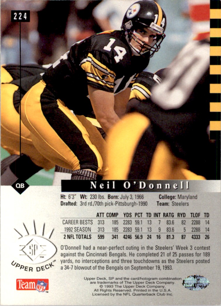 1993 Upper Deck SP Neil O'Donnell Pittsburgh Steelers #224