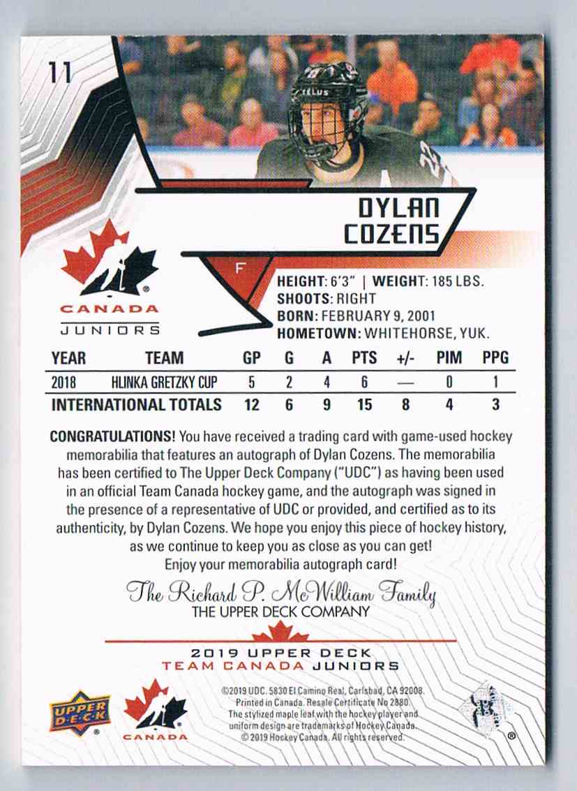 2019 20 Upper Deck Team Canada Juniors Dylan Cozens 11 On