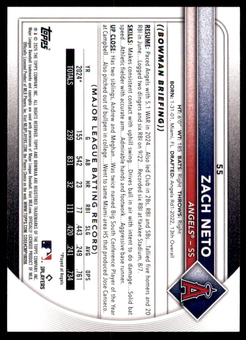 2025 Bowman Zach Neto #55 card back image