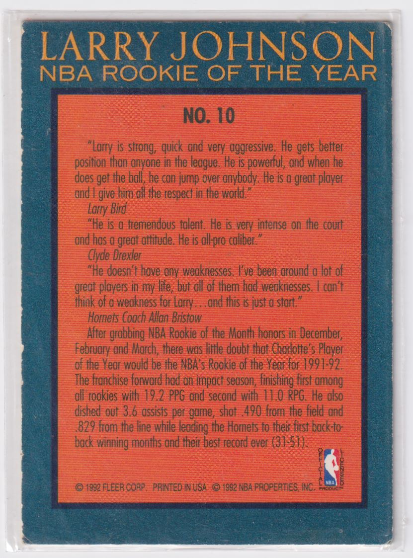 1992-93 Fleer Larry Johnson NBA Rookie of the Year Larry Johnson #10 card back image