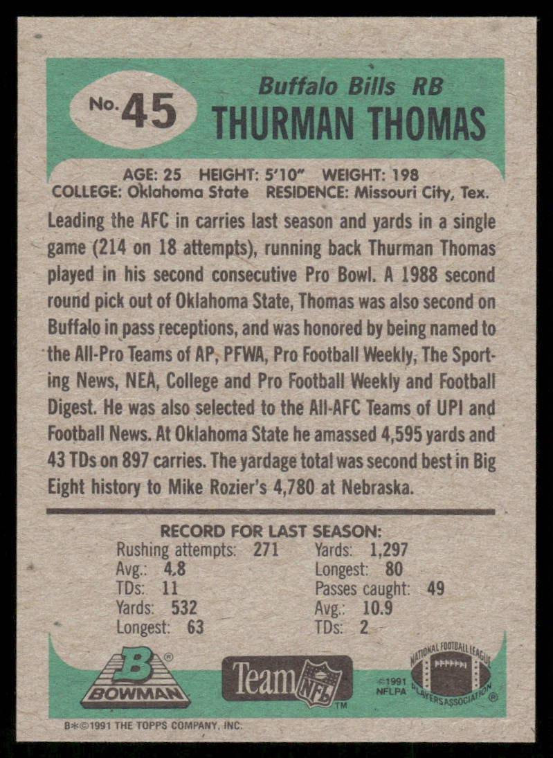 1991 Bowman Thurman Thomas #45 card back image