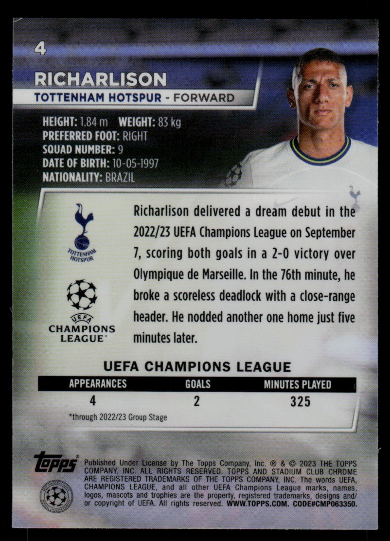 2022 Stadium Club Chrome UEFA Competitions Richarlison #9 card back image