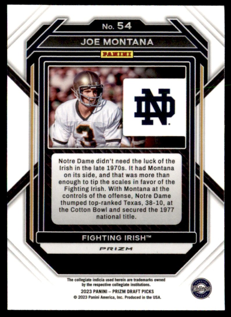 2023 Panini Prizm Draft Picks Red Joe Montana #54 card back image