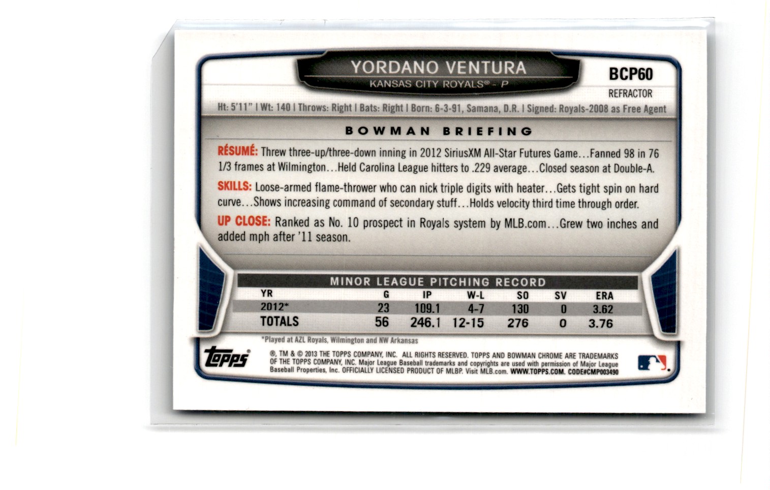2013 Bowman Chrome Prospects Blue Wave Yordano Ventura #BCP60 card back image