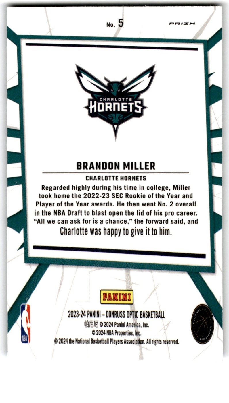 2023-24 Donruss Optic Silver My House Brandon Miller #5 card back image