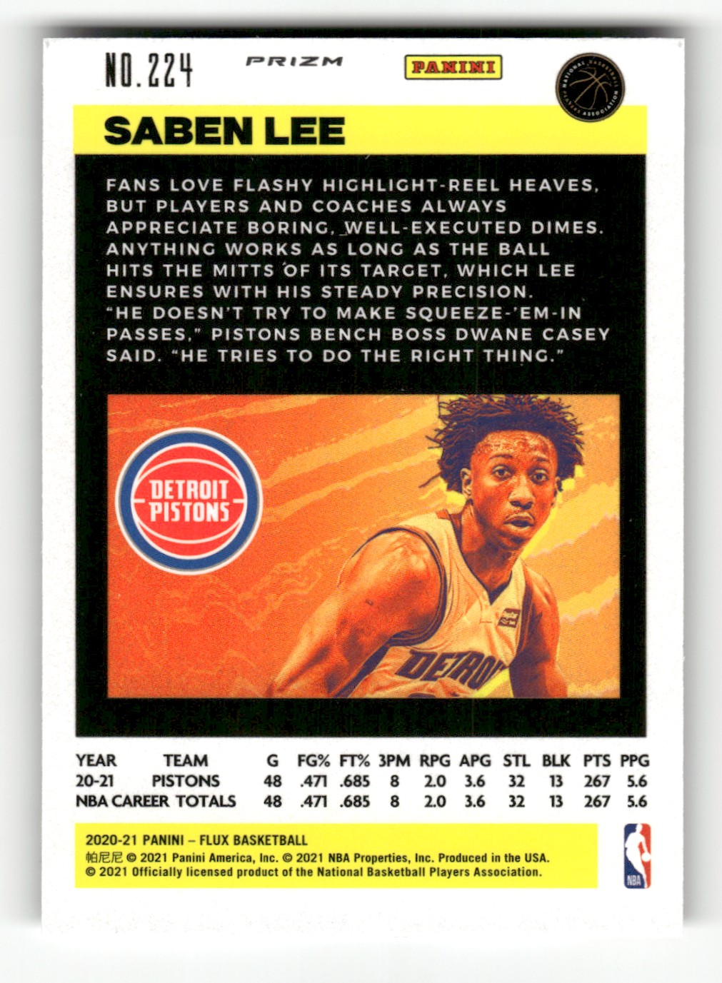 2020-21 Panini Flux Pulsar Saben Lee #224 card back image