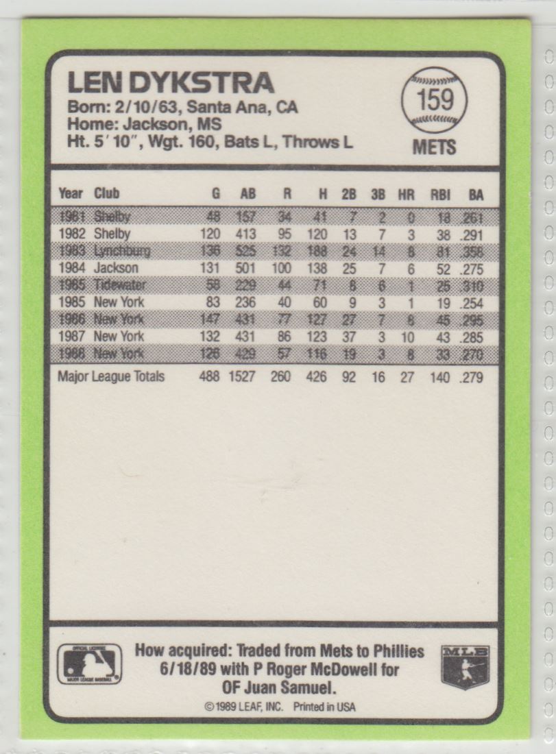 1989 Donruss Baseball's Best Len Dykstra #159 card back image