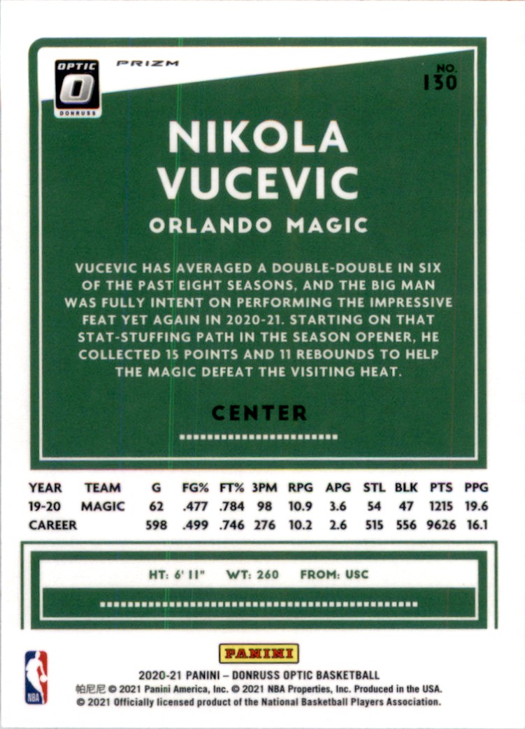 2020-21 Donruss Optic Target Box Set Nikola Vucevic #130 card back image