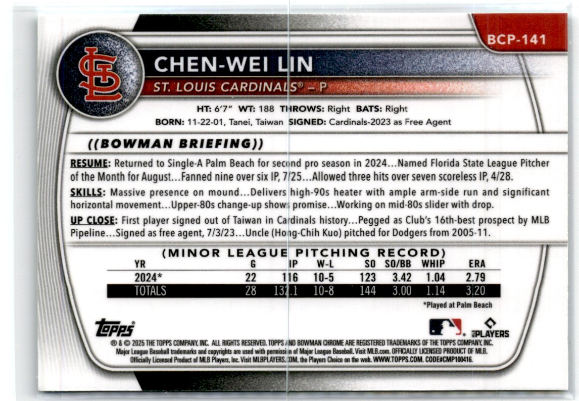 2025 Bowman Chrome Prospects Aqua Chen-Wei Lin #BCP-141 card back image