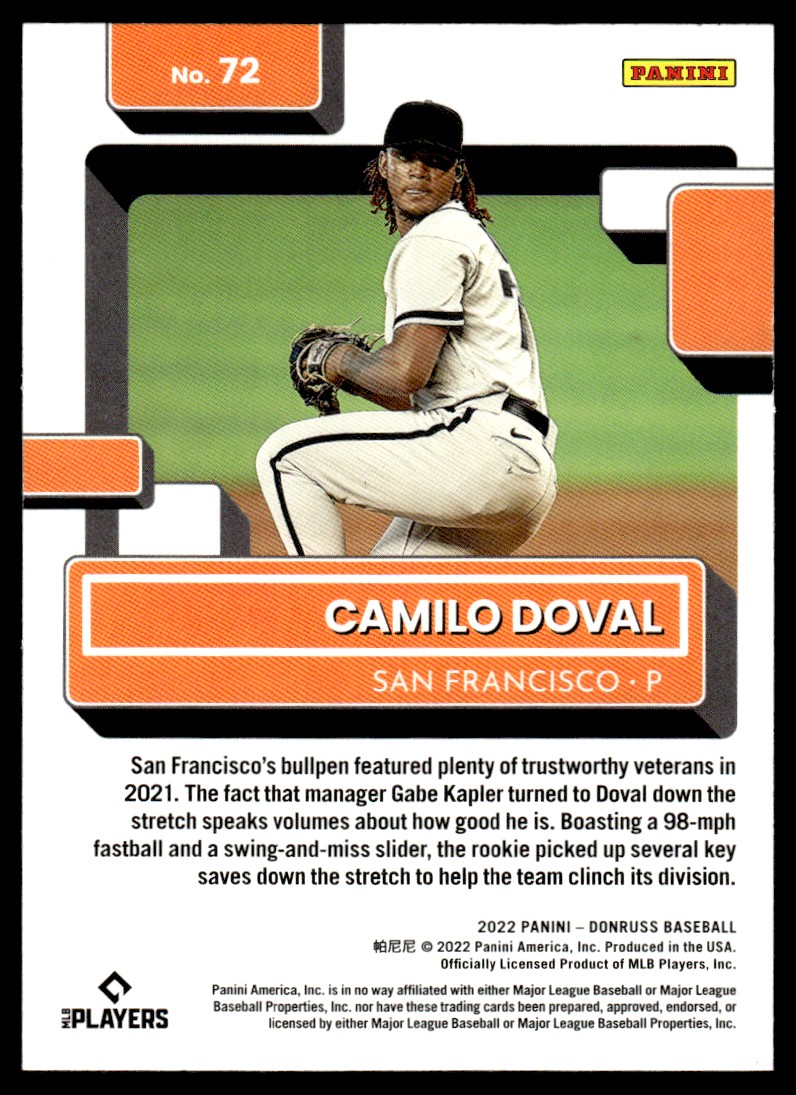 2022 Donruss Rated Rookie Camilo Doval #72 card back image